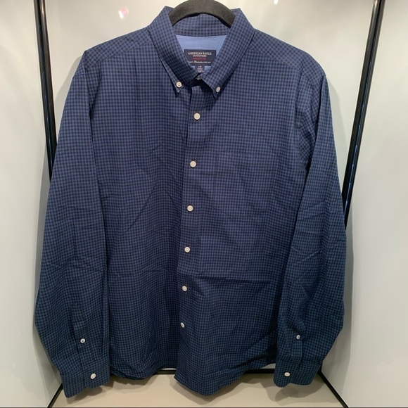 American Eagle Outfitter Button Down Shirt Men Size Large Blue Check Long Sleeve - Picture 1 of 7